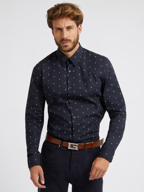 Adivinar Camisa Slim Fit Azul Oscuro Con Estampado Completo