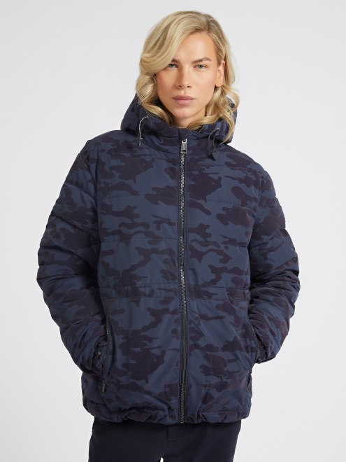 Guess Puffer Azul Con Estampado De Camuflaje