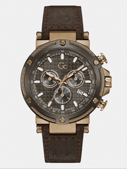 Reloj Cronógrafo De Cuero Genuino Gc Marrón Guess