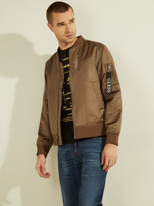 Guess Bomber De Raso Con Bolsillos Marrones