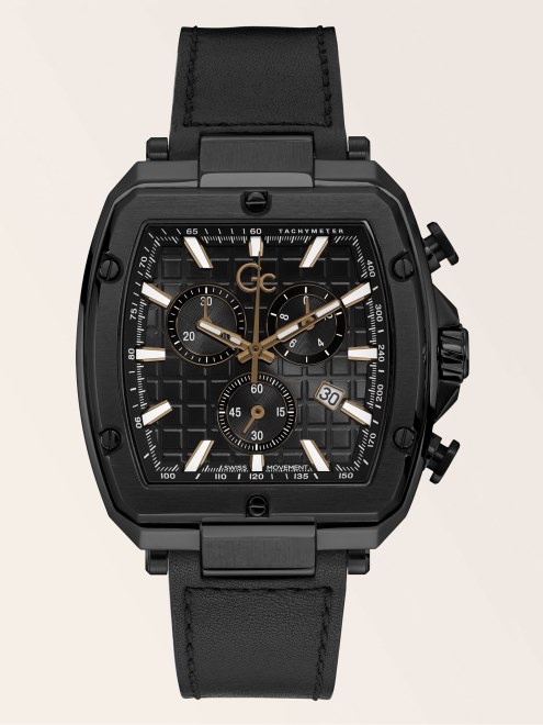 Reloj Cronógrafo De Cuero Genuino Gc Guess Negro