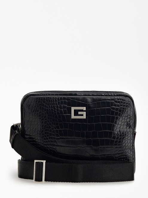 Bolsa Crossbody Guess Calabria Negra Con Estampado De Cocodrilo