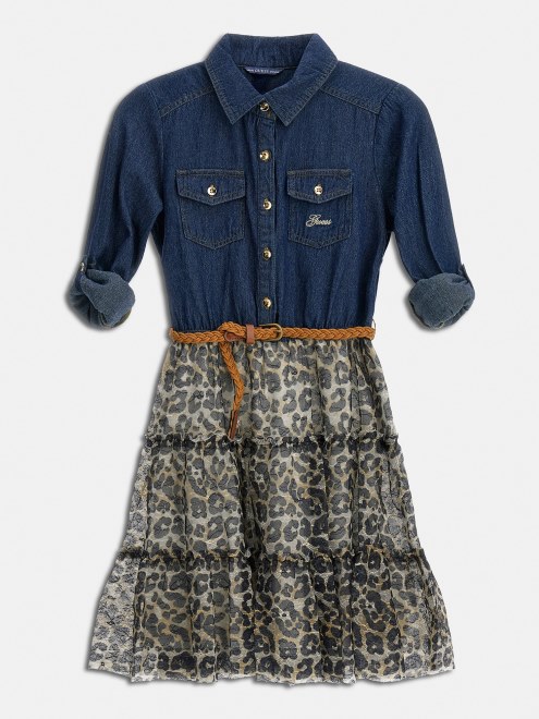 Vestido Azul Con Estampado Animalier De Guess