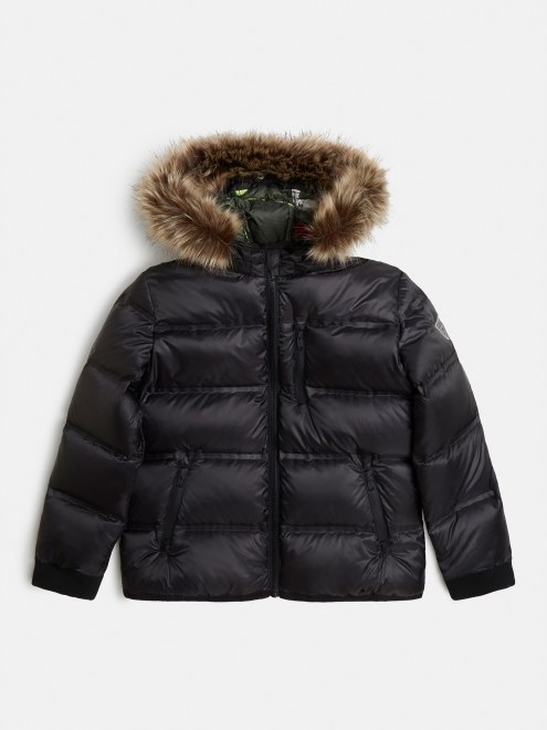 Guess Puffer Negro Con Capucha De Pelo Sintetico