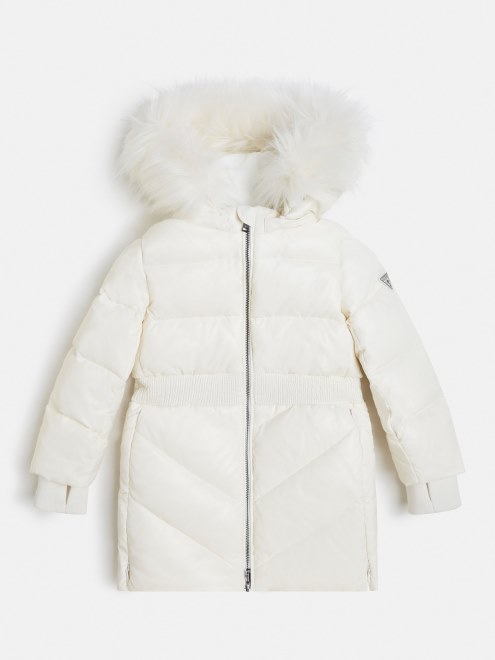 Guess Puffer Largo Con Capucha De Pelo Sintético Blanco