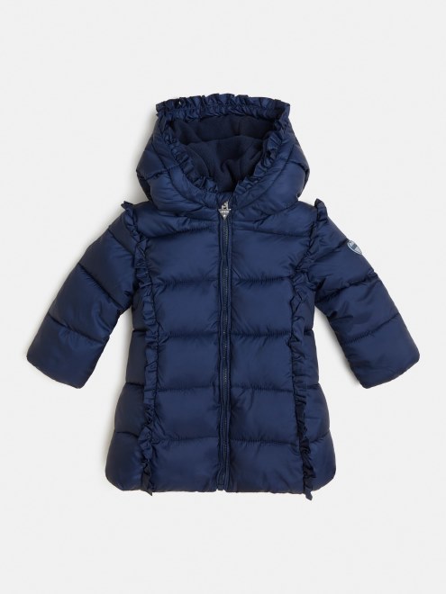 Plumífero Largo Con Capucha Y Volantes Guess Azul