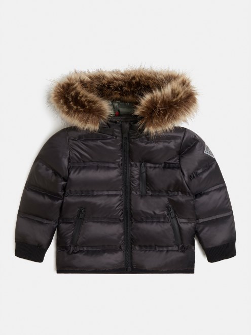 Puffer Con Capucha De Piel Sintética Negro Guess