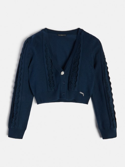 Cárdigan Azul Con Aplicaciones De Encaje