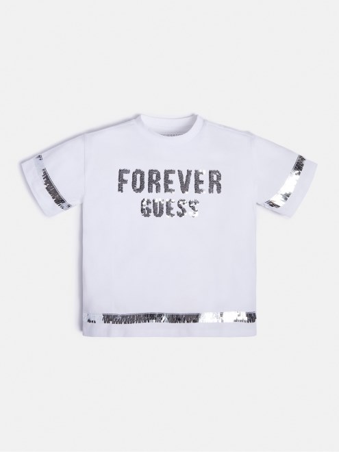 Camiseta Blanca Con Logo De Lentejuelas En La Parte Delantera De Guess