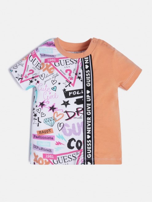 Camiseta Naranja Con Estampado Completo Guess