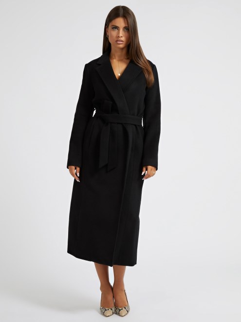 Abrigo De Mezcla De Lana Con Cinturón Negro Guess