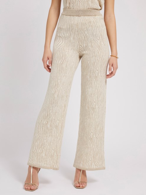 Guess Pantalones De Suéter Color Crema Con Efecto Animalier