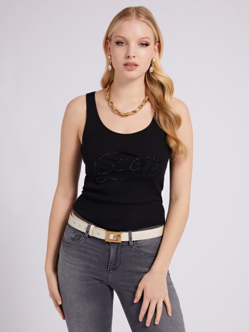 Camiseta Sin Mangas Con Logo De Pedrería Adivinar Negro