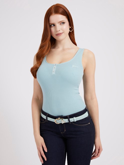 Guess Camiseta Sin Mangas Azul Claro Con Botones Delanteros