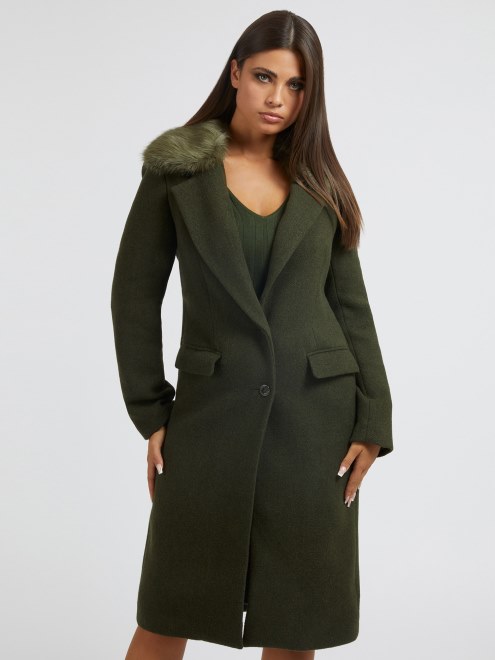 Abrigo Verde De Mezcla De Lana Con Cuello De Piel Sintetica De Guess