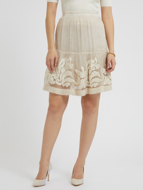 Falda De Seda Blanca Con Bordados