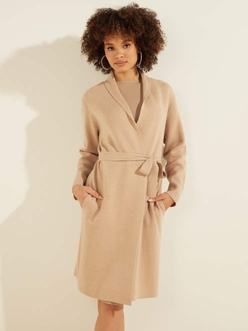 Cárdigan Con Cinturón En Mezcla De Cachemir Beige Guess