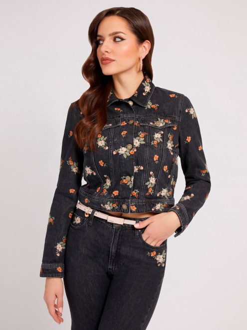 Chaqueta De Mezclilla Negra Con Bordado Floral