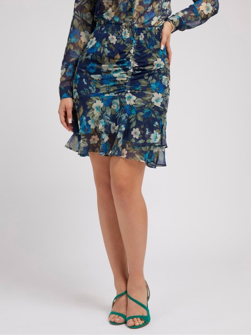 Falda Azul Con Estampado Multicolor