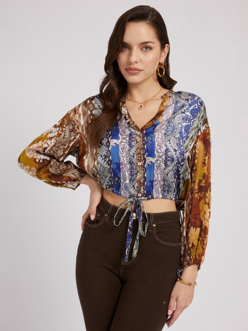 Blusa Corta Con Estampado Multicolor De Guess