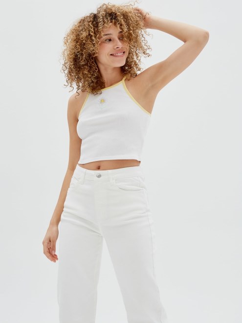 Camiseta Sin Mangas Corta Con Margaritas En La Parte Delantera Blanca