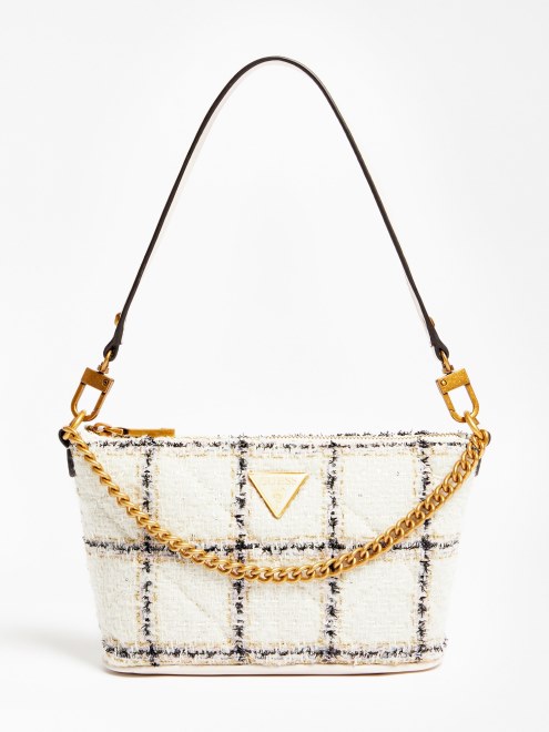 Bolso Guess Cessily Bombonera En Tweed Blanco Multi