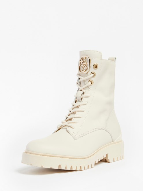 Bota De Combate De Cuero Auténtico Olone Blanca Guess