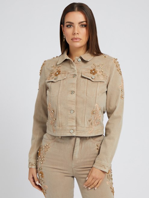 Cazadora Vaquera Con Bordado Floral Guess Beige