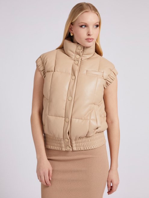 Chaleco Acolchado Efecto Piel Beige Guess