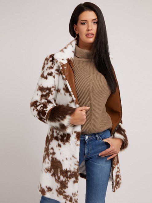 Abrigo De Piel Sintetica Animalier Blanco Multi Guess