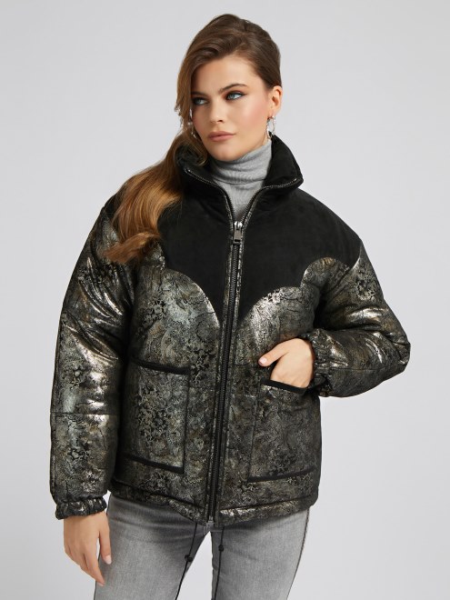 Guess Puffer Negro De Piel Auténtica Con Estampado De Cachemira