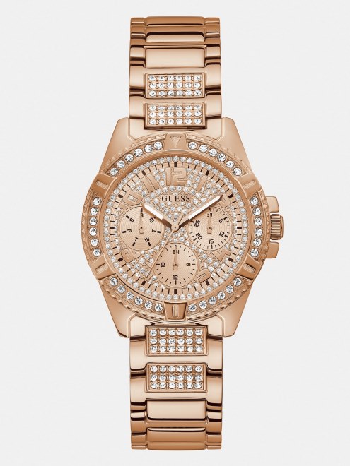 Reloj De Cristal Multifunción Guess Oro Rosa