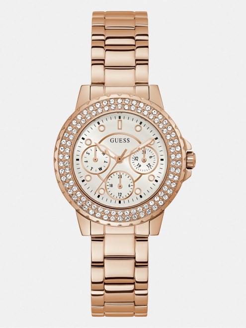 Reloj Multifunción De Cristal Dorado Rosa Guess