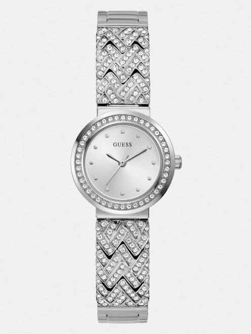 Reloj Analógico De Cristal Plateado Guess