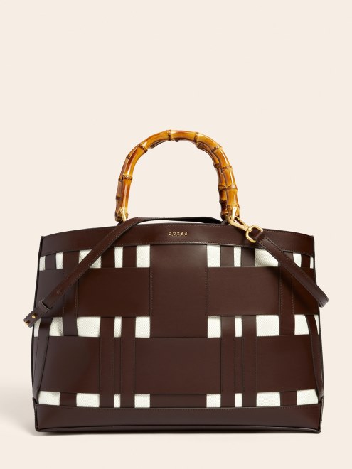 Bolso De Mano De Cuero Auténtico Tejido Aida Marrón Guess