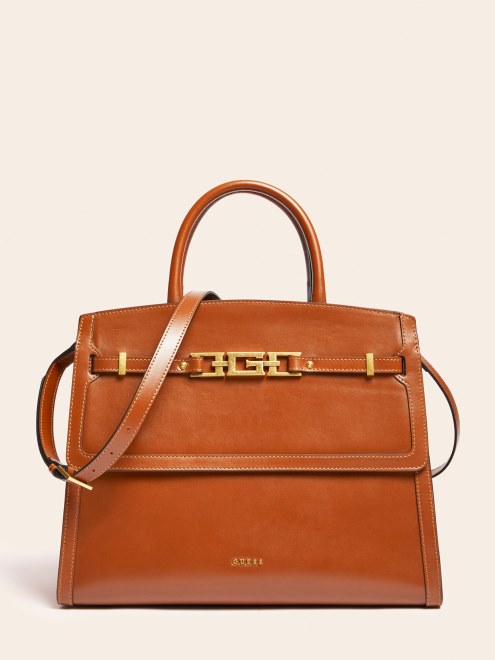 Bolso De Cuero Guess Cristina Real Gris