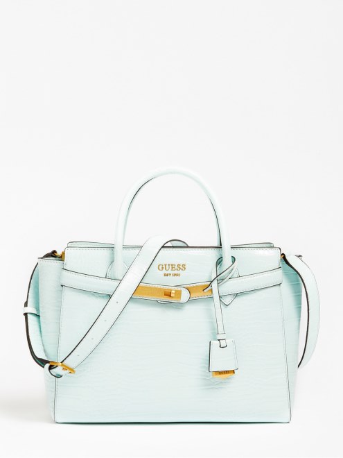 Bolso De Mano Guess Enisa Verde Azulado Con Estampado De Cocodrilo