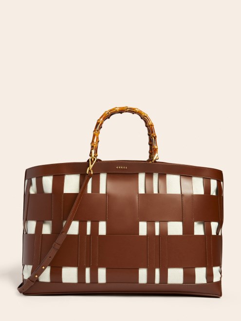 Bolso De Mano Aida Tejido Cuero Genuino Guess Marron