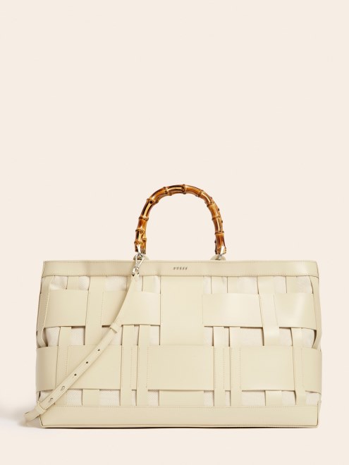 Bolso De Mano Guess Aida Tejido De Piel Auténtica Blanco