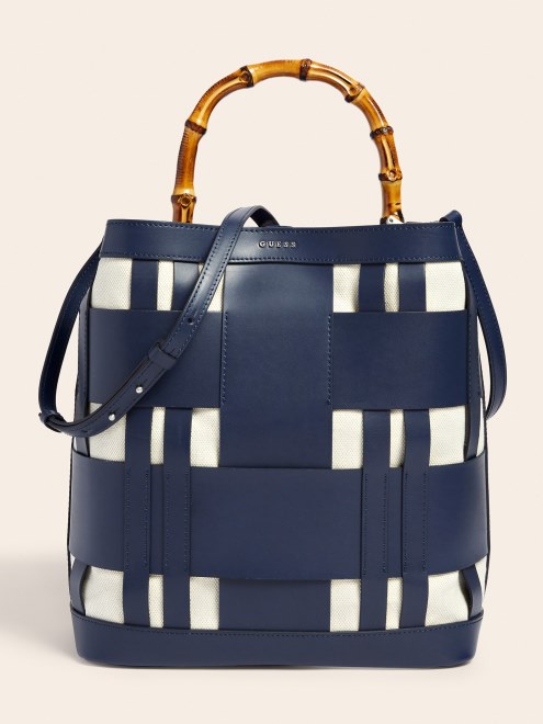 Bolso Hobo Aida Tejido De Piel Auténtica Azul Guess