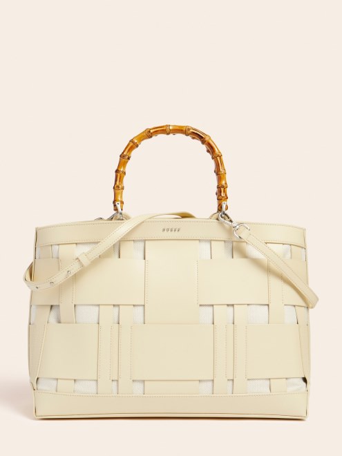 Bolso De Mano De Cuero Auténtico Tejido Guess Aida Blanco