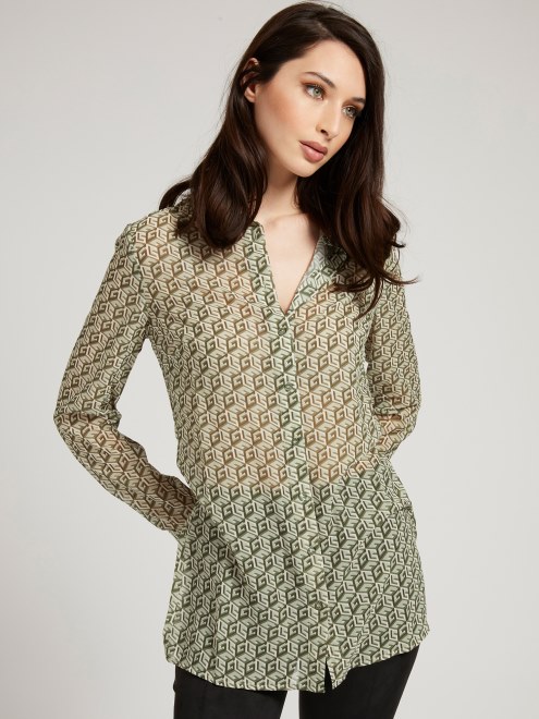 Guess Camiseta Verde Con Múltiples Estampados