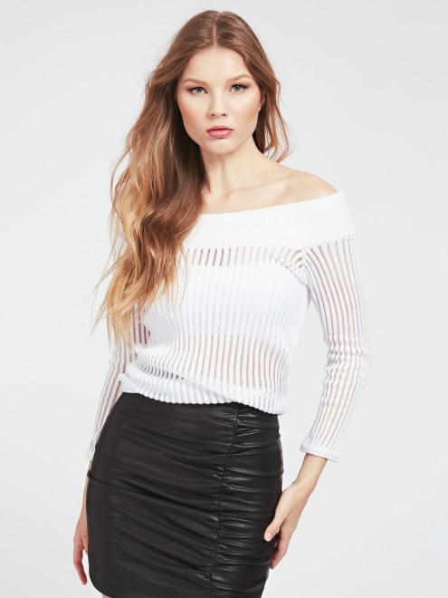 Sweater De Mezcla De Algodon Con Hombros Descubiertos Blanco Guess