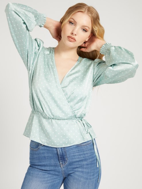 Guess Blusa De Raso Con Estampado De Puntos Azul Claro