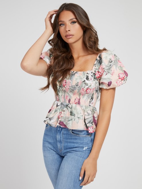 Guess Top De Lino Con Estampado Floral Fantasía Floral