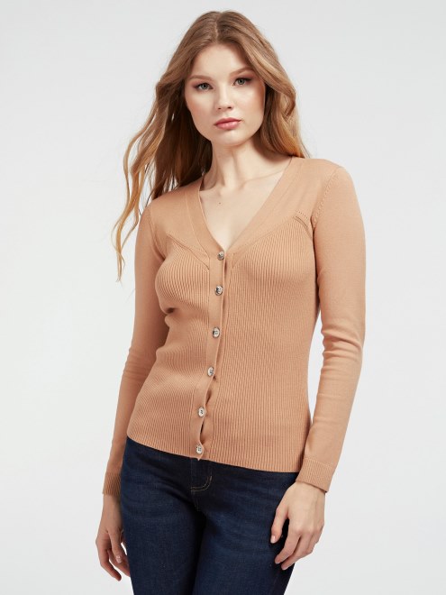 Cárdigan De Canalé Con Cuello De Pico En Beige De Guess