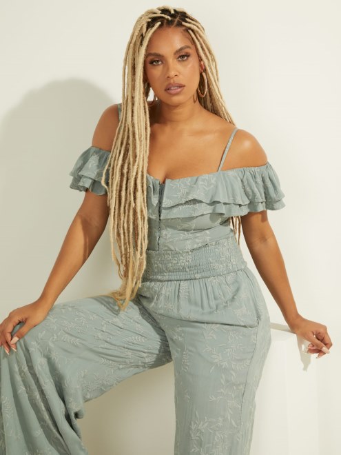 Top Verde Con Volantes Bordados