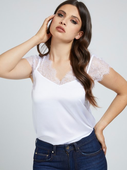 Guess Top De Satén Con Detalles De Encaje Blanco