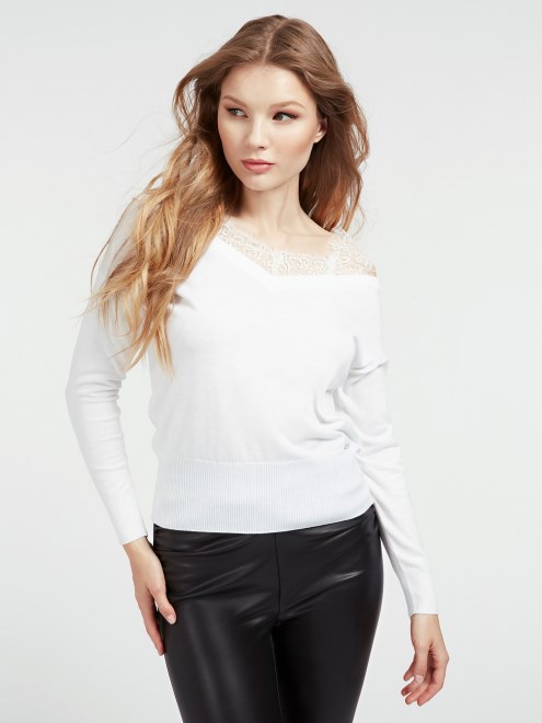 Jersey Con Hombros Descubiertos Y Detalles De Encaje De Guess Blanco
