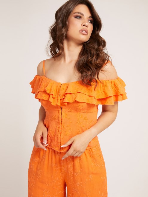 Top Con Volantes Bordados Guess Naranja